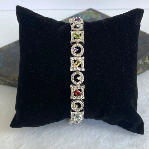 Ross-Simons Sterling Silver 925 Multi Gemstone Geometric Link Tennis Bracelet - Picture 2 of 16